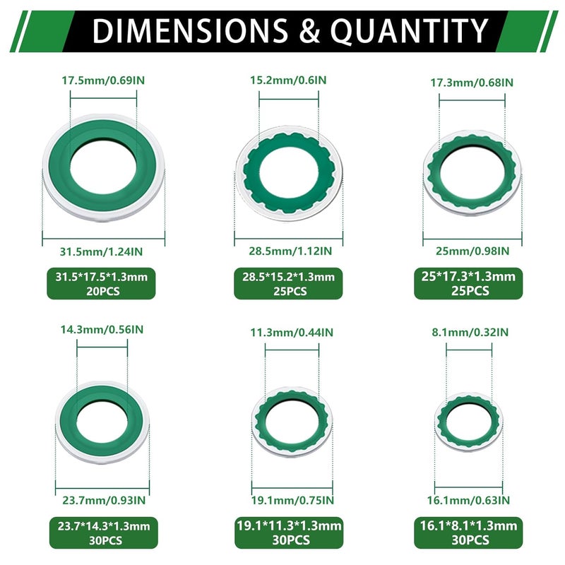 Japtend 160PCS Air Conditioning System Compressor Seal Washers Assortment Kit, 6 Sizes Automotive A/C Compressor Port Bonded Seal Gasket Kit (Green) - Image 2
